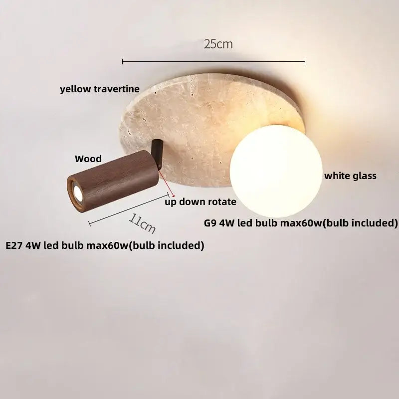 Wabi sabi travertine and wood acrylic led ceiling lamp with yellow travertine base and adjustable dark wood arm decorbites acrylic led ceiling