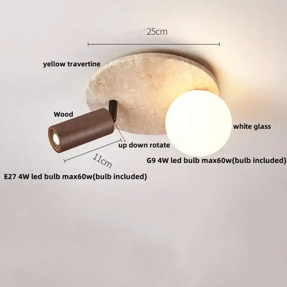 Wabi sabi travertine and wood acrylic led ceiling lamp with yellow travertine base and adjustable dark wood arm decorbites acrylic led ceiling