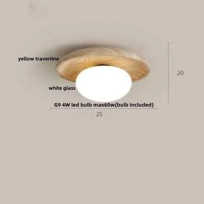 Modern wabi sabi ceiling lamp with yellow travertine canopy and acrylic led dome by decorbites for bedroom lighting