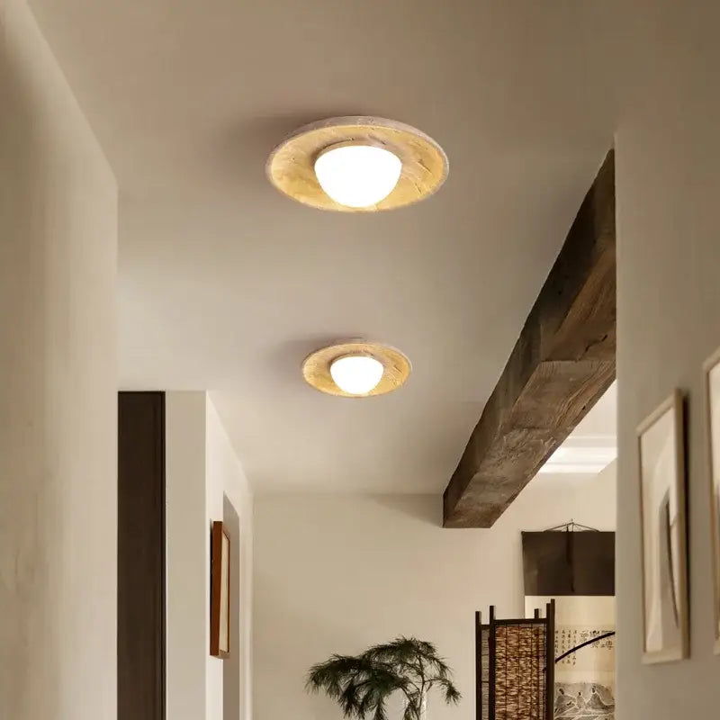 Rounded ceiling lamp with warm glowing bulb encased in rustic wood ring for decorbites acrylic led ceiling use