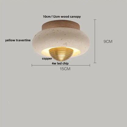 Rounded ceiling lamp with natural wood canopy yellow travertine shade and copper finished led chip decorbites acrylic led ceiling