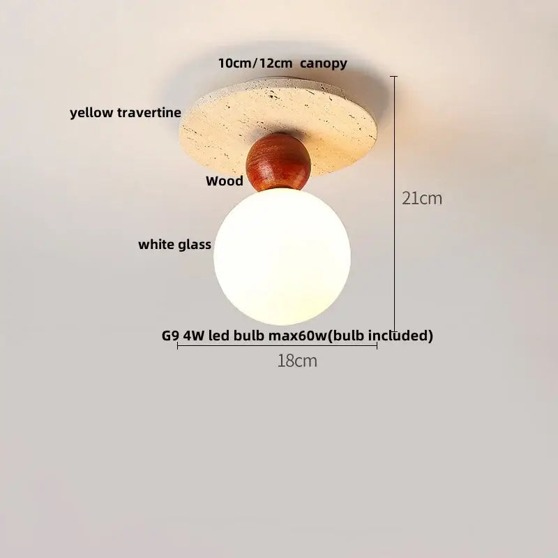 A wabi sabi travertine and wood acrylic led ceiling lamp with yellow canopy and frosted glass globe for bedroom decorbites acrylic led