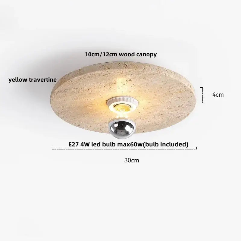 Wabi sabi travertine and wood acrylic led ceiling lamp with yellow travertine wood canopy and metallic bulb holder