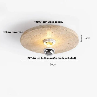 Wabi sabi travertine and wood acrylic led ceiling lamp with yellow travertine wood canopy and metallic bulb holder