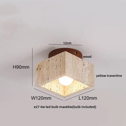 A wabi sabi travertine and wood acrylic led ceiling lamp with textured yellow body and integrated led bulb for bedroom decorbites acrylic led
