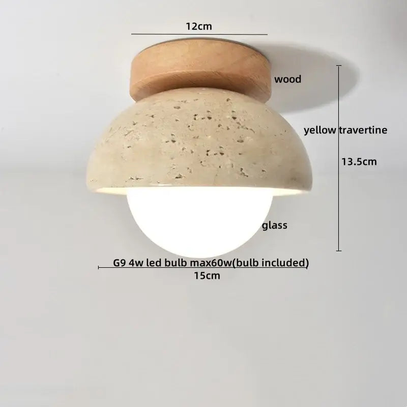 Wabi sabi ceiling lamp with wooden top, yellow travertine dome shade, and decorbites acrylic led ceiling light design