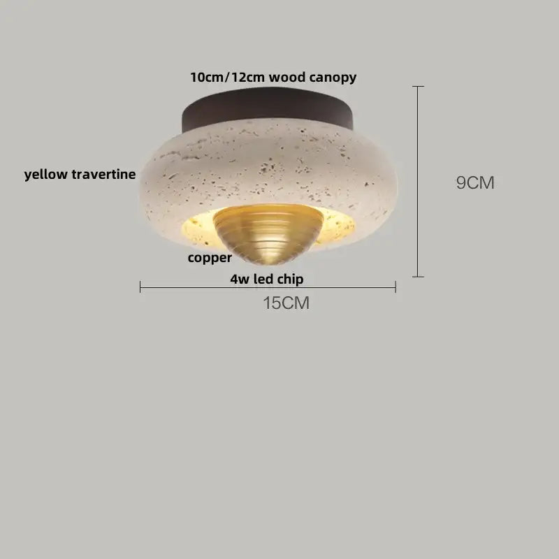 Wabi sabi travertine and wood decorbites acrylic led ceiling lamp with textured yellow shade and copper accent ring