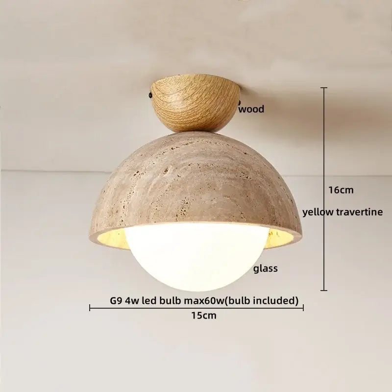 Wabi sabi travertine and wood acrylic led ceiling lamp with yellow travertine dome shade and warm wooden top for bedroom decorbites acrylic led