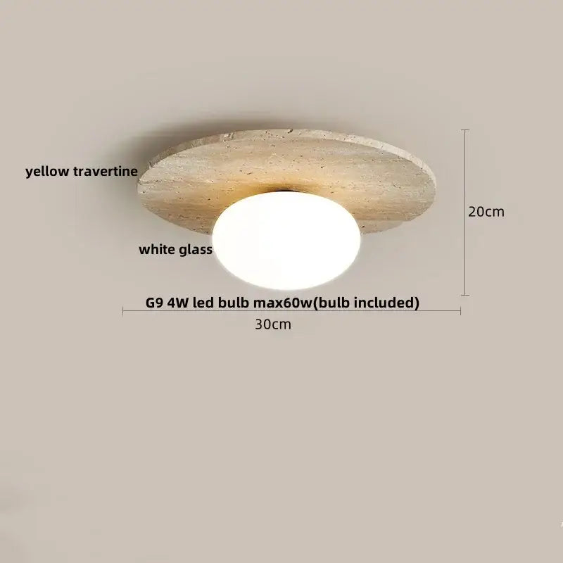 Wabi sabi travertine and wood decorbites acrylic led ceiling lamp with yellow stone base and white glass globe for bedroom light