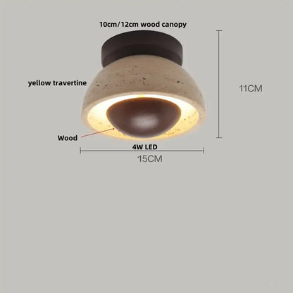 A wabi sabi travertine and wood acrylic led ceiling lamp with a yellow dome and dark wood canopy for bedroom decorbites acrylic led ceiling