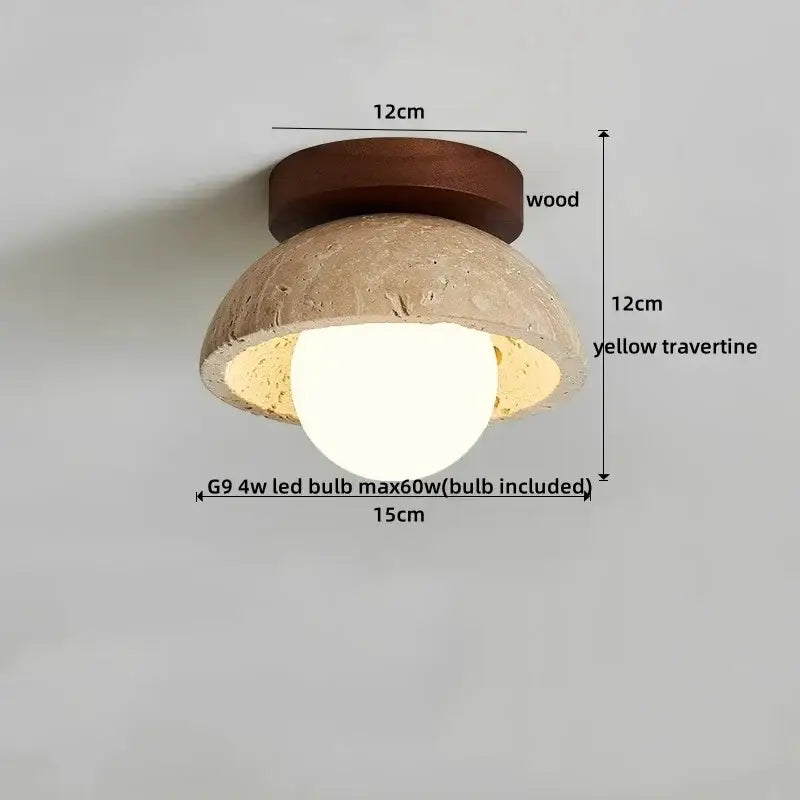Rounded ceiling lamp with dark wood base and textured yellow travertine shade by decorbites acrylic led ceiling light