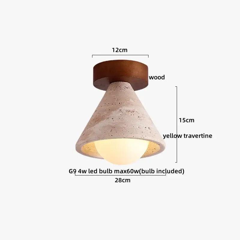 Conical yellow travertine ceiling lamp with wooden base wabi sabi decorbites acrylic led bedroom light