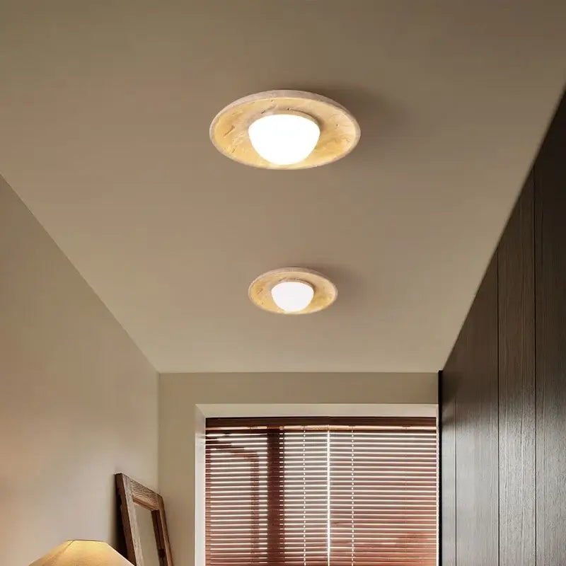 Two circular recessed ceiling lamps with warm white acrylic led bulbs and rustic wood rings for bedroom decorbites acrylic led ceiling