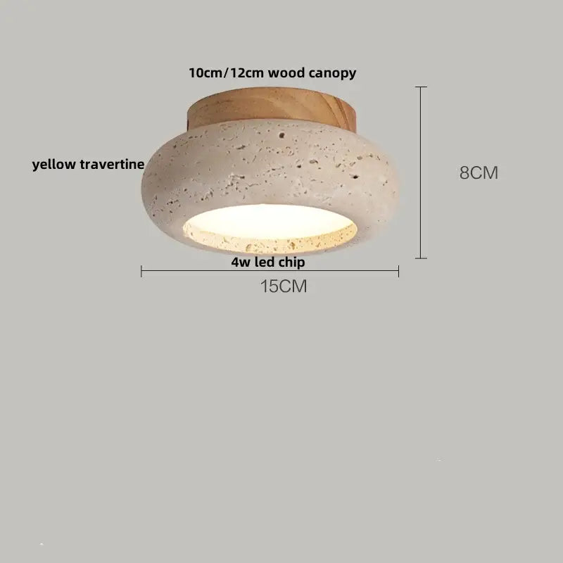 Rounded ceiling lamp with yellow travertine body natural wood canopy and integrated 4w led chip by decorbites acrylic led