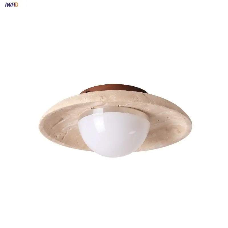 Beige travertine ceiling lamp with white frosted glass globe and dark brown wood canopy by decorbites acrylic led