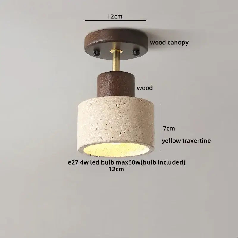 Wabi sabi travertine and wood ceiling lamp with dark wood canopy and yellow stone body for bedroom decorbites acrylic led