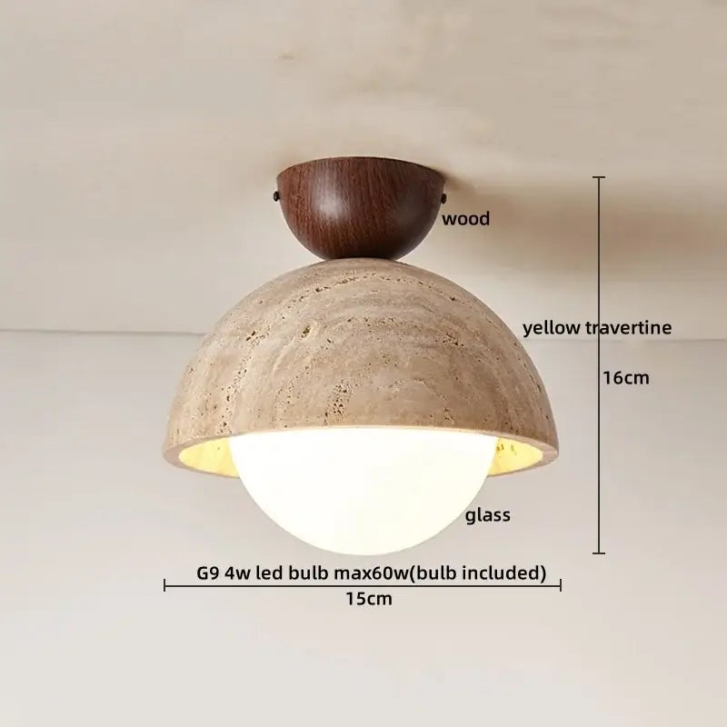 Wabi sabi travertine and wood ceiling lamp with dark wood canopy yellow travertine dome and frosted glass diffuser