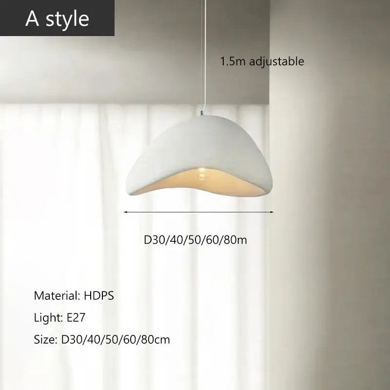 Modern white wabi sabi pendant light with smooth curved high-density polystyrene shell and warm led bulb glow for dining room