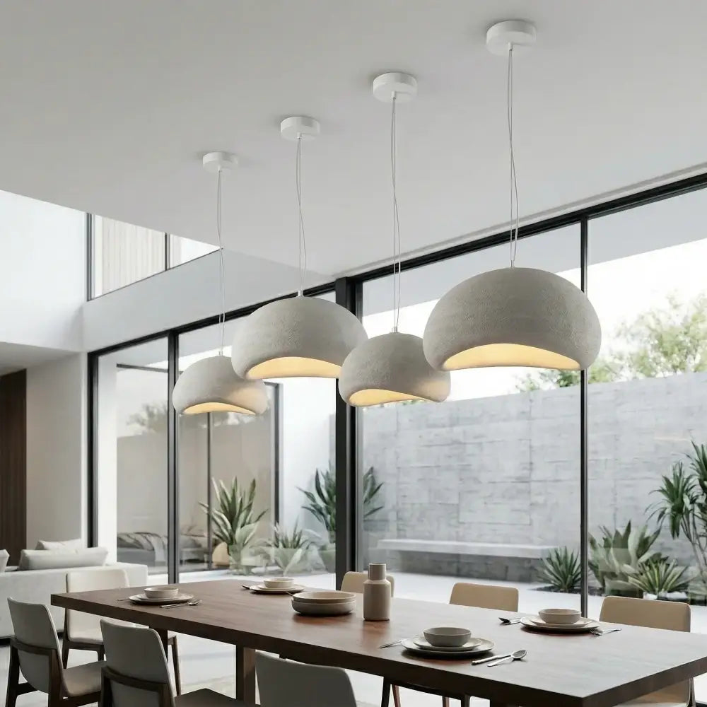 Modern matte white dome-shaped pendant light made of high-density polystyrene with led bulb for dining room
