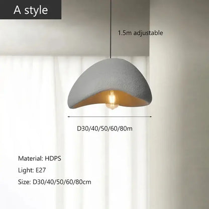 A modern matte gray high-density polystyrene pendant light with warm interior lining for dining room LED bulb use