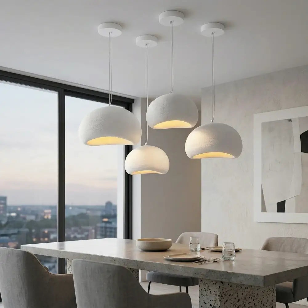 White matte pendant light with soft dome shades made of high-density polystyrene for dining room led bulb compatible