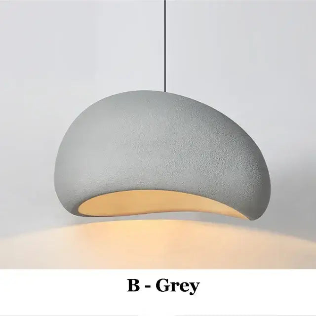 Wabi-sabi white and gray high polymer pendant light with grey textured concrete and warm curved interior glow for contemporary interiors