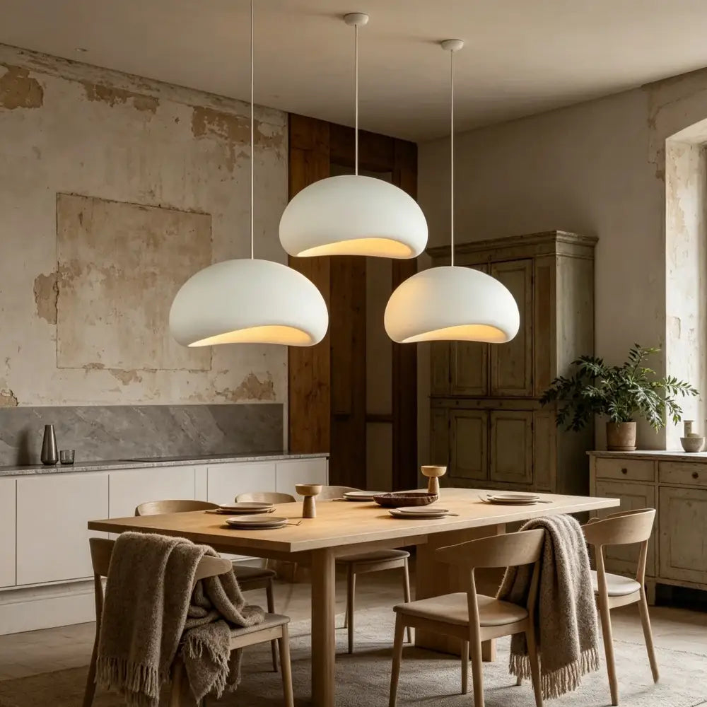 Three modern white and gray high polymer pendant lights with a dome shape hang above a dining table for contemporary interiors
