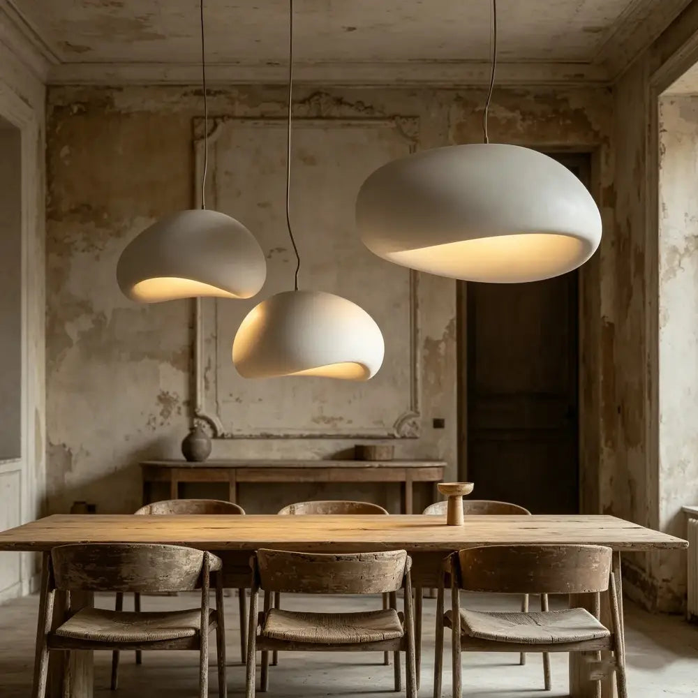 Three matte white high polymer pendant lights with rounded domes for contemporary interiors over dining table