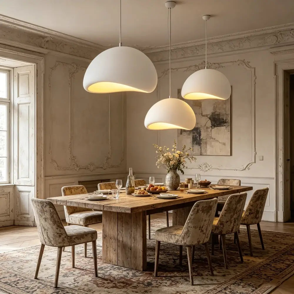 Three modern white high polymer pendant lights hang above a rustic wooden table in contemporary interiors