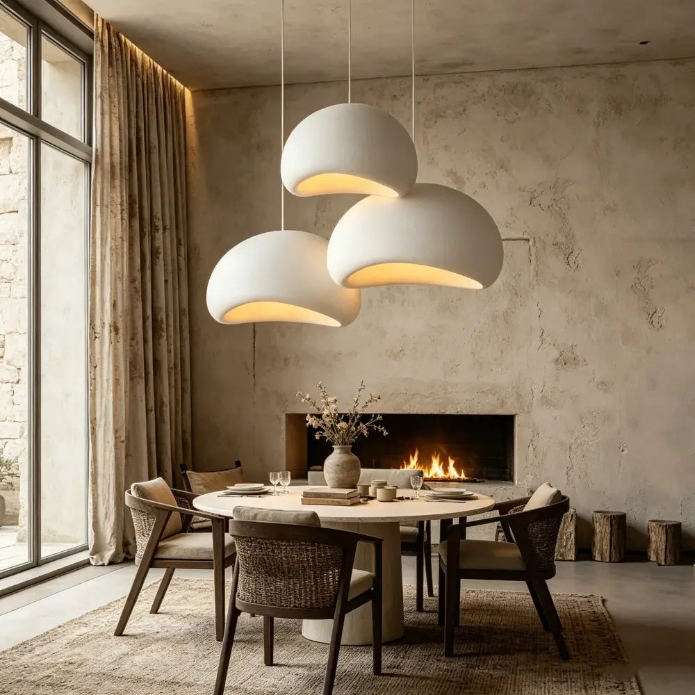 Three white dome-shaped high polymer pendant lights for dining room feature minimalist design for contemporary interiors