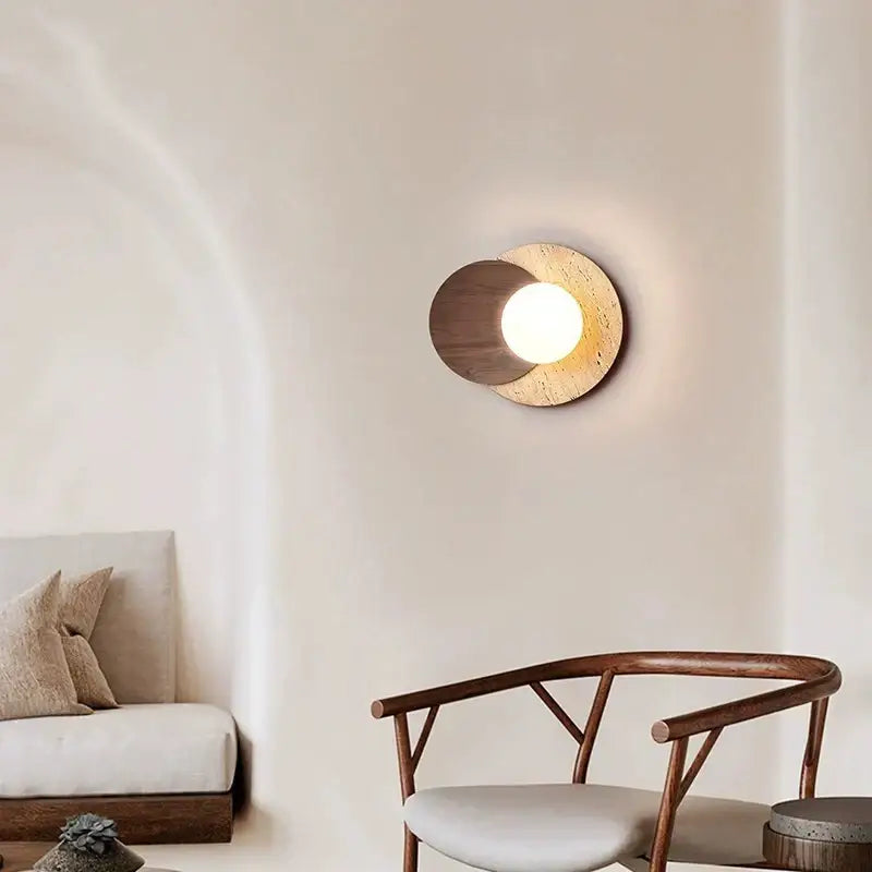 Modern wabi sabi wood and stone cream style bedroom wall lamp with circular design and warm white light decorbites cream style