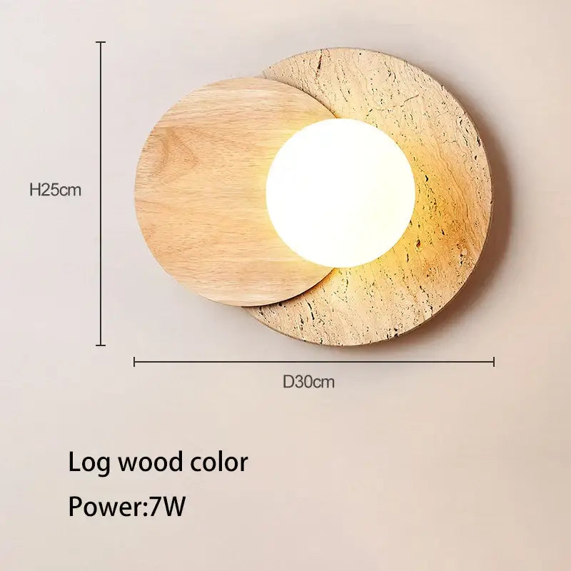 Modern wall lamp with two overlapping natural log wood discs framing a central light for cream style bedroom decorbites