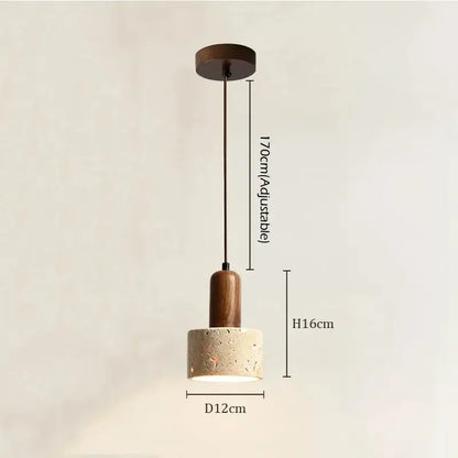 Wabi sabi yellow stone pendant light with warm brown wood top and beige natural stone concrete shade for dining room