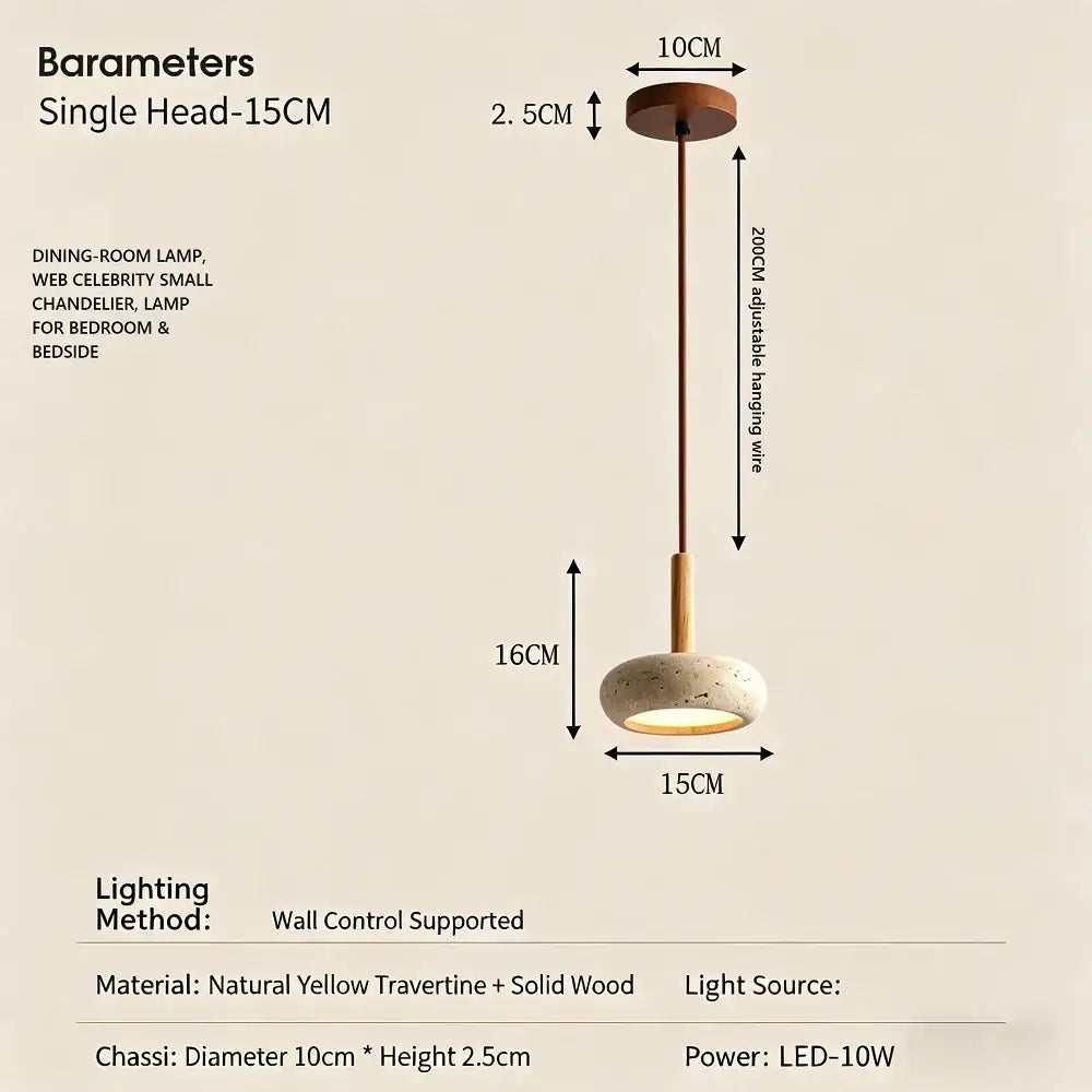 Minimalist pendant light with warm yellow travertine shade and solid wood accents for dining room lighting