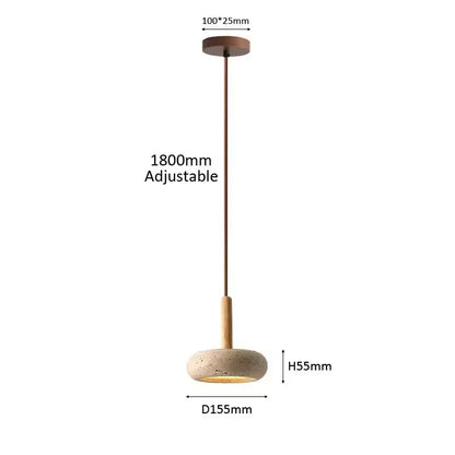 Wabi sabi yellow travertine pendant light with warm textured concrete shade and solid wood accents for dining room