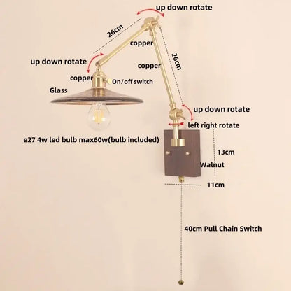 Adjustable copper arm wall sconce with glass shade and walnut base for decorbites cube glass led bedroom mirror light