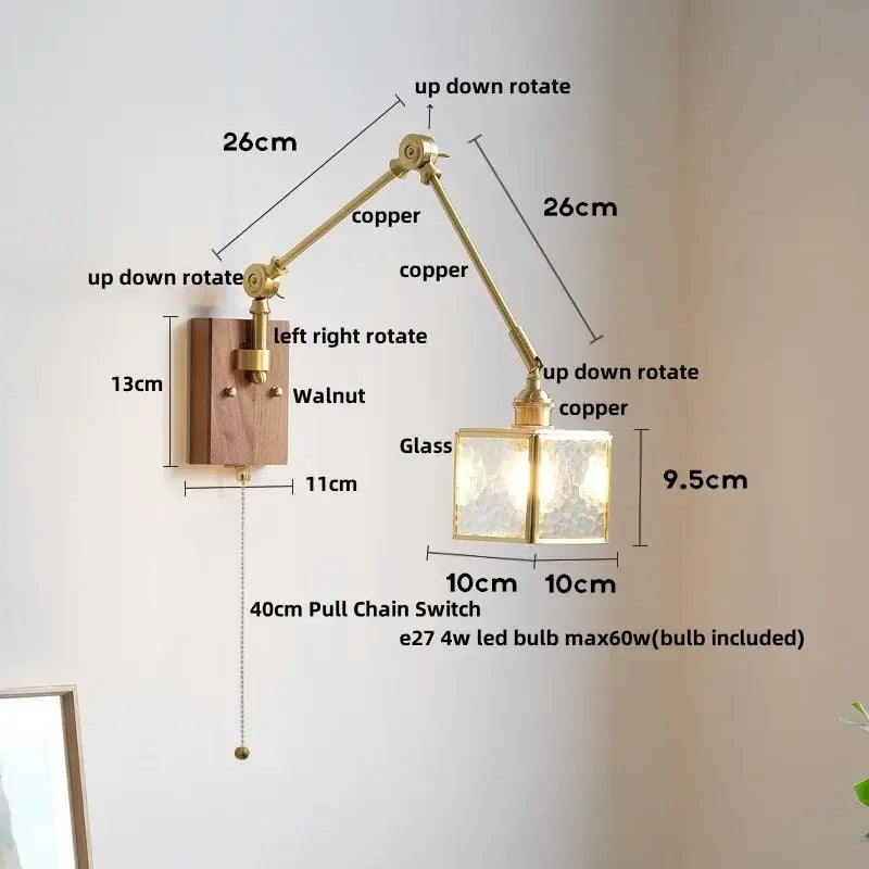 Adjustable copper wall sconce with walnut wood base and frosted glass shade for decorbites cube glass led mirror light