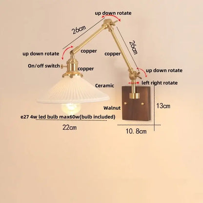 Adjustable copper wall sconce with ribbed ceramic shade and walnut plate for decorbites cube glass led bedroom mirror light