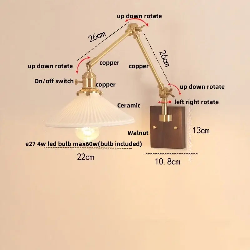 Adjustable copper wall sconce with ribbed ceramic shade and walnut mounting plate for decorbites cube glass led lighting