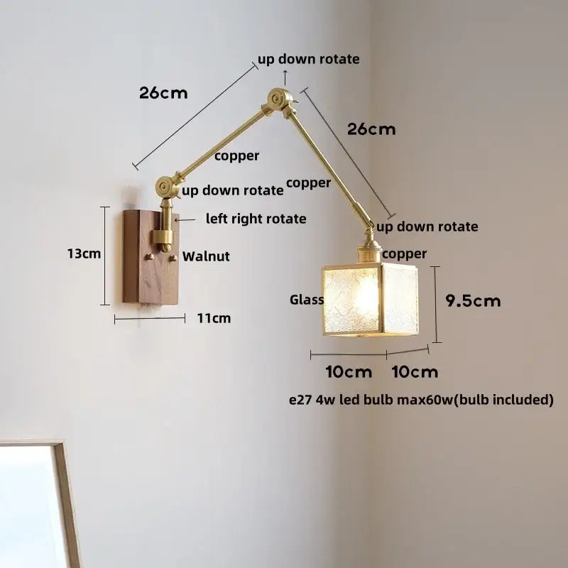 Adjustable copper wall sconce with walnut base and frosted glass shade for decorbites cube glass led bedroom lighting