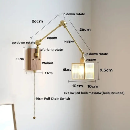 Adjustable copper wall sconce with walnut base and ribbed glass shade for decorbites cube glass led bedroom mirror light