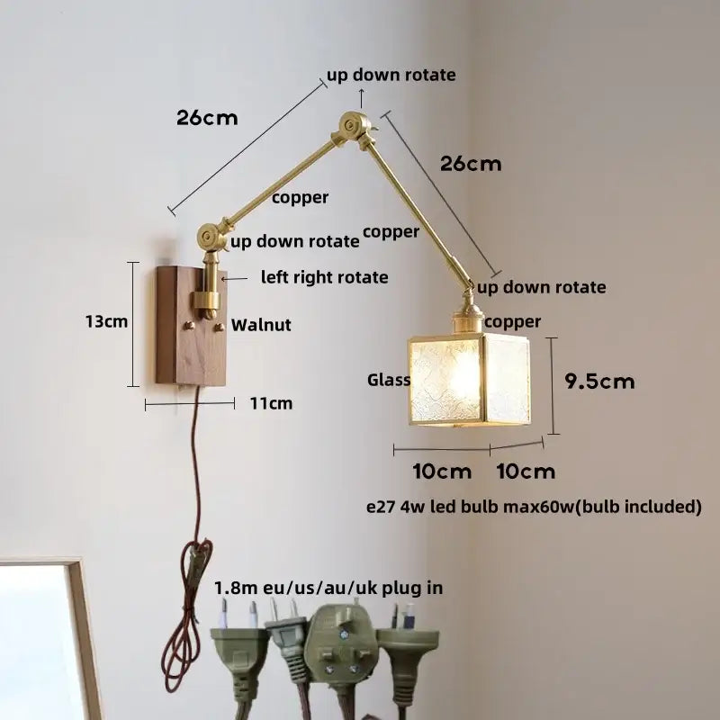 Adjustable copper wall sconce with walnut base and frosted glass shade for decorbites cube glass led bedroom mirror light