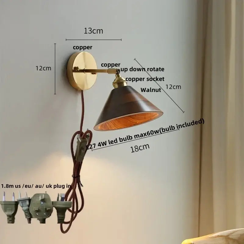 Walnut and brass wall sconce with pull chain switch copper finish and walnut shade for bedroom lighting