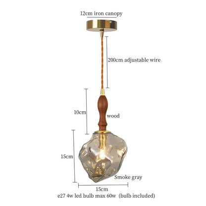 Smoke gray glass pendant light with wooden handle and brass accents for kitchen dining room decorbites cracked glass led