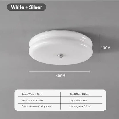Warm chrome double layer glass led ceiling light with white and silver iron frame and glass diffuser for bedrooms