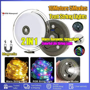 Warm and rgb 10m waterproof led light strip with magnetic base and dual warm romantic and colorful rgb lights for outdoor decorbites use