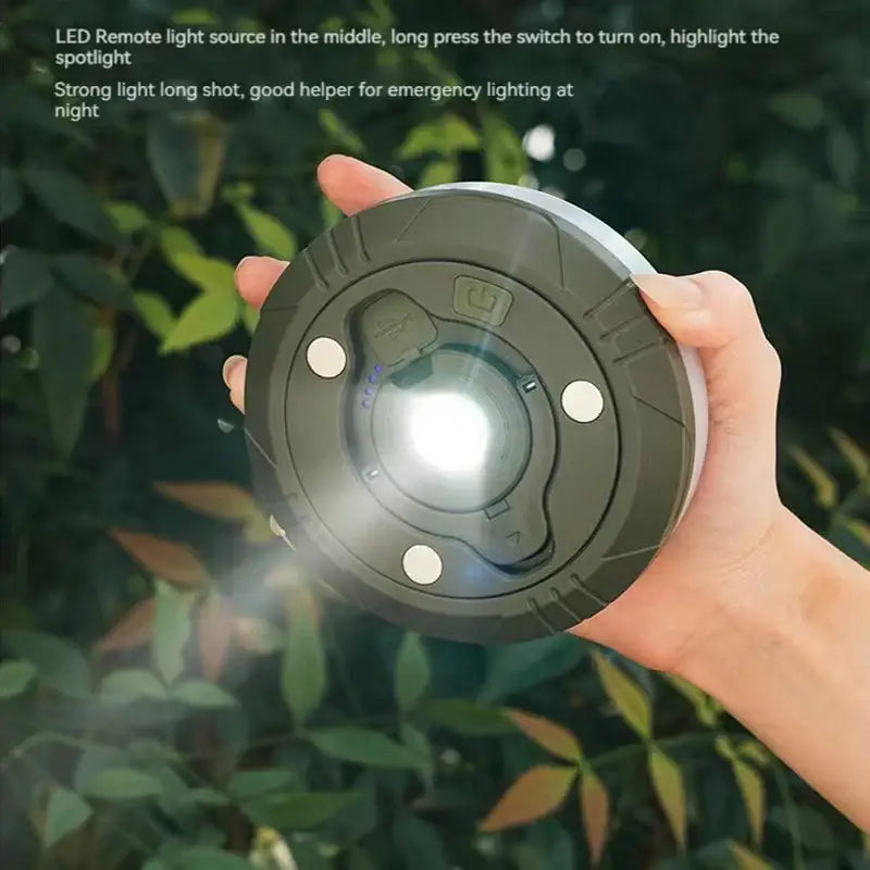 Black and silver circular led spotlight with textured grip and three white buttons for decorbites 10m waterproof led strip