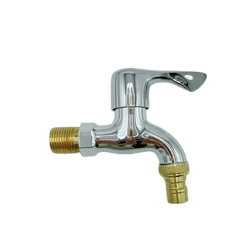 Chrome-finished washer faucet with brass threaded connections and sleek curved spout for cold water tap use