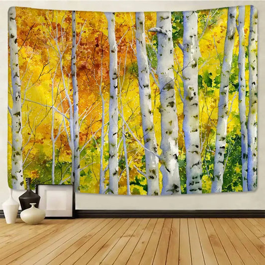 A vibrant watercolor birch forest wall tapestry with autumn foliage and starry sky for decorbites birch forest decor