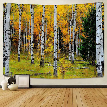 A vibrant autumn-themed decorbites birch forest wall tapestry with white trees golden foliage and starry sky decor